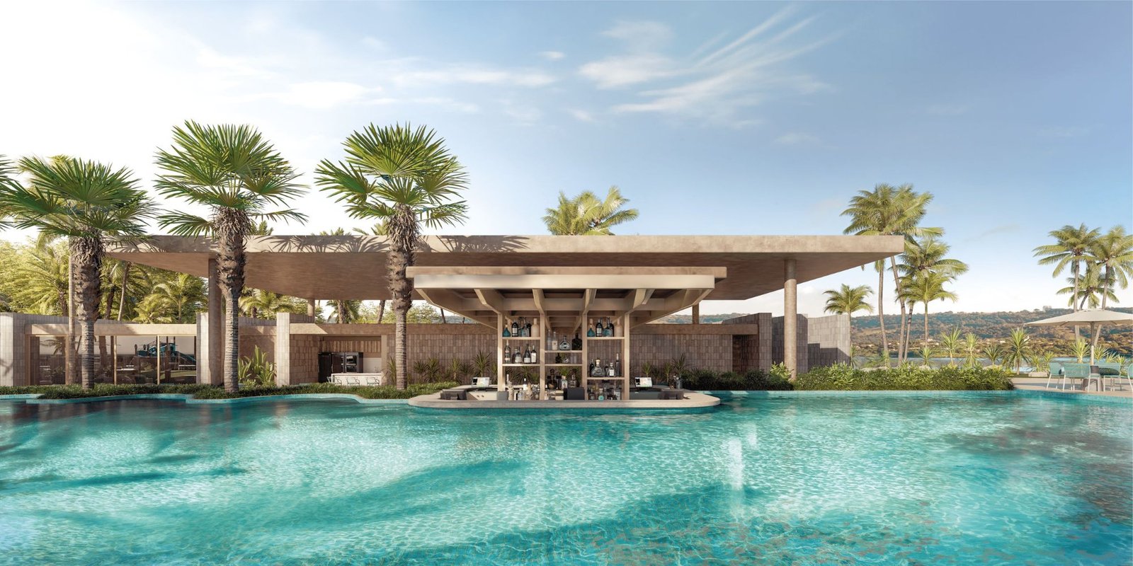 Área de lazer com piscinas e palmeiras